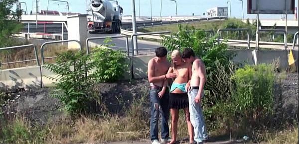  Teens in a crazy group PUBLIC street sex orgy gangbang in broad daylight